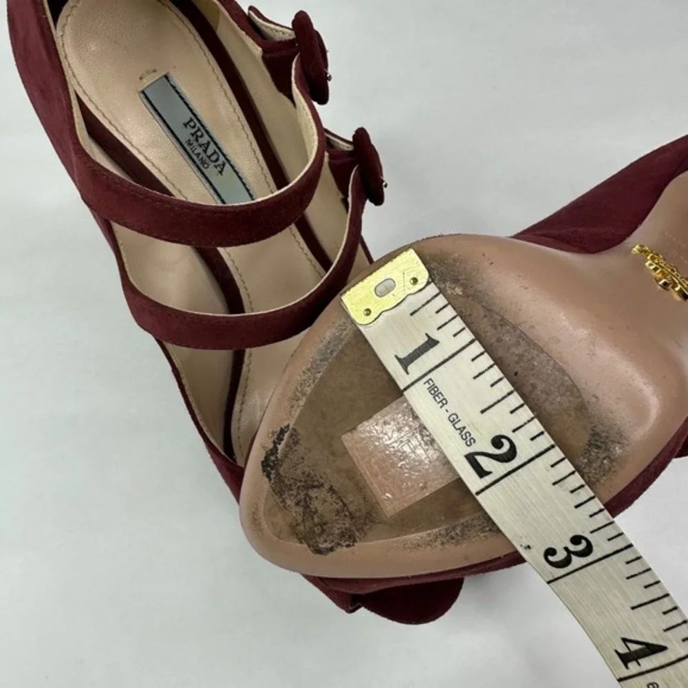 Prada Burgundy Suede Double Strap Mary Jane Peep Toe Platform‎ Heels Size 37.5